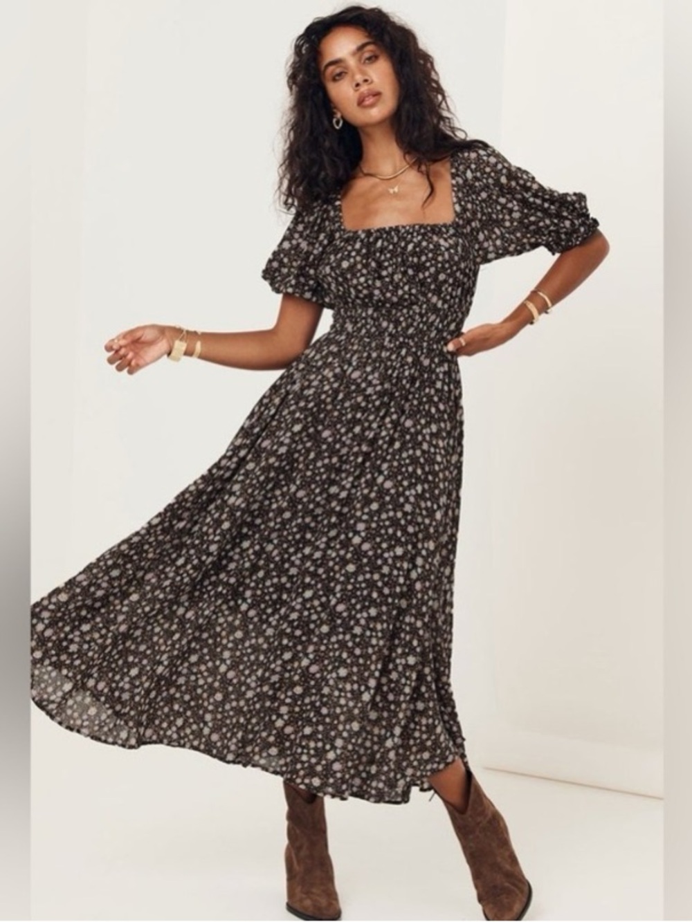 Spell Rae Floral Puff-Sleeve Midi Dress in Dark Brown Multicolor